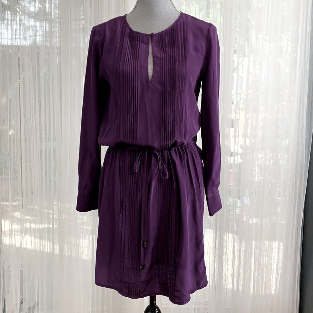 SUZY CHIN for Maggie’s Boutique silk long sleeve dress self tie pintuck details